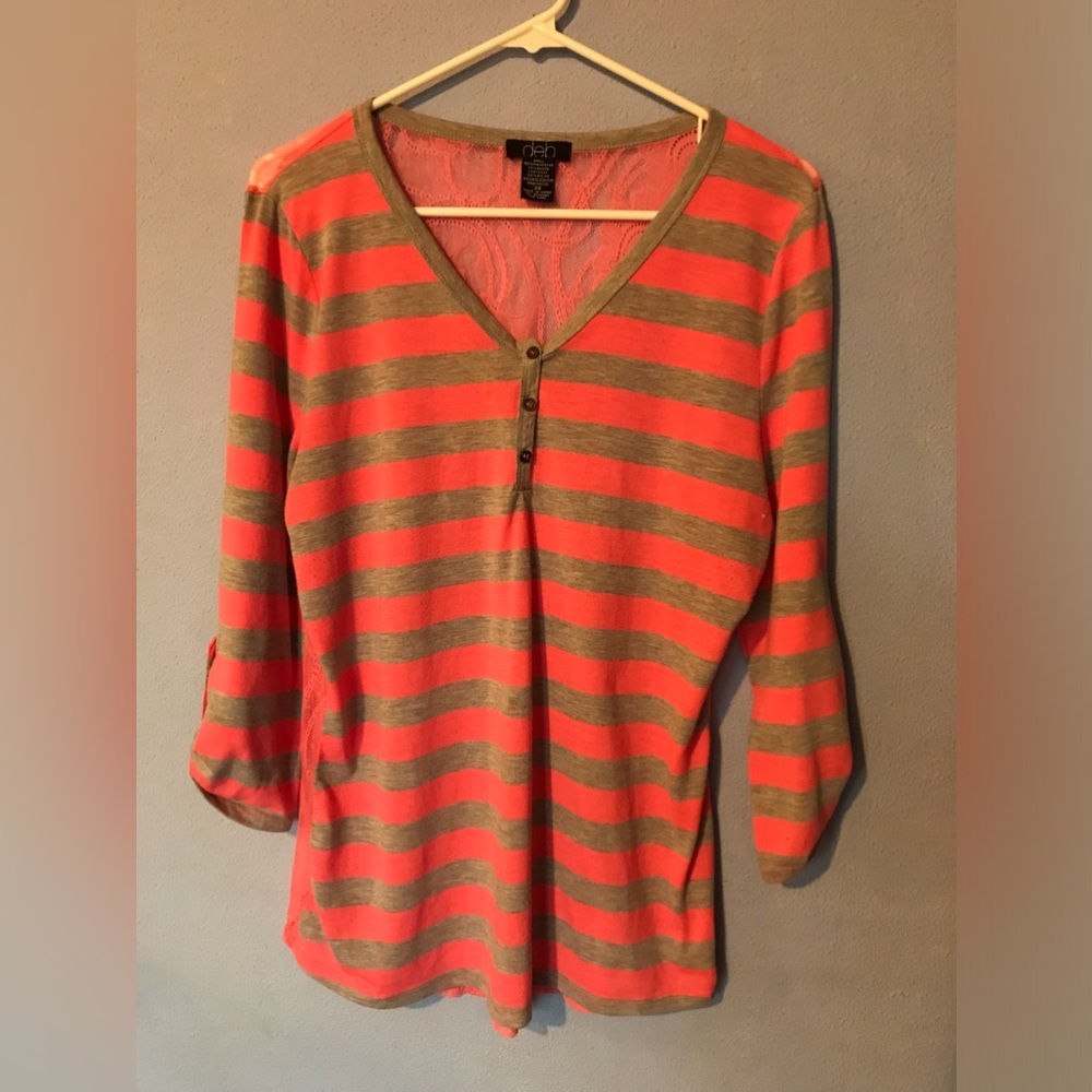deb Plus 2X 3/4 Cuffed Sleeve Pink/Gray Striped T-Shirt See-Through Back V-Neck